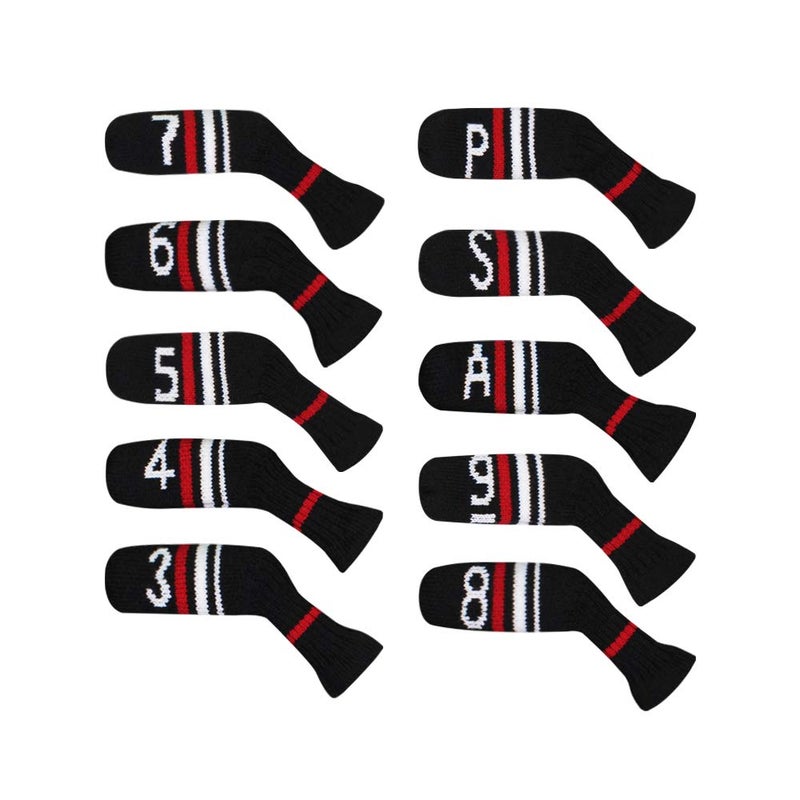 Scott Edward Black Red White Warning Iron Covers,Set of 10 PCS, Adorable and Basically Socks Shape,Washable & Durable Golf Club Head Protector (Black Red White Warning Stripes) - Image 1